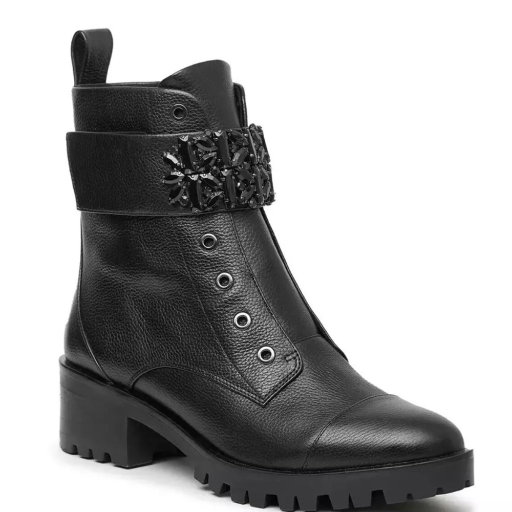 KARL LAGERFELD Women's Pippa payson lace Lug sole combat moto Booties black